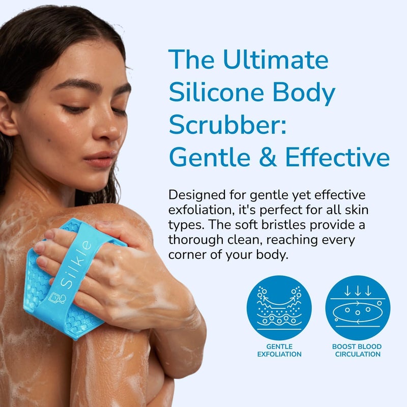 SILKLE Silicone Body Scrubber – Gentle Exfoliating Shower Scrubber for Body & Bath, Silicone Shower Brush & Loofah Alternative – Non-Slip Silicone Body Brush, Quick Dry, Hygienic - Blue - Image 3